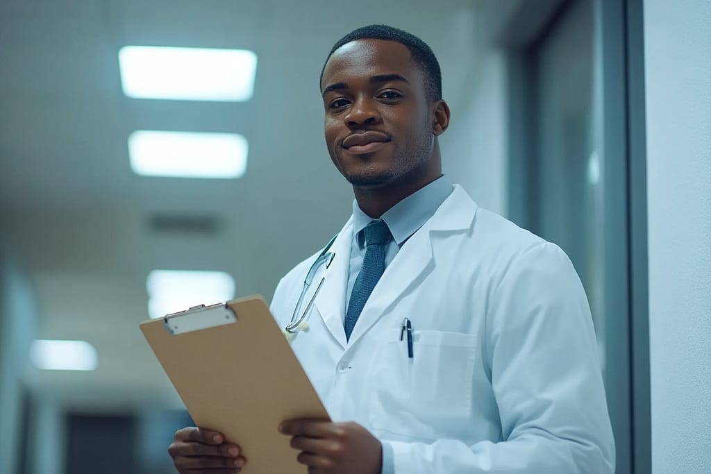 An osteopath holding a clip board in a white lab coat